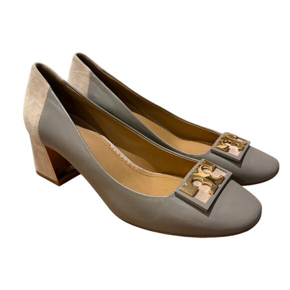 Tory Burch Gigi Taupe Gray Heron Leather Logo Block Heel Pump Sz. 9.5 - Picture 5 of 11